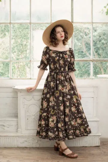 [컨디션 최상] 핑크하우스 짙은 갈색 로제트 리 슬로우 원피스