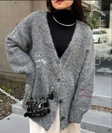 CIAOPANIC TYPY 포인트 로고 체인 자수 샤기 니트 가디건