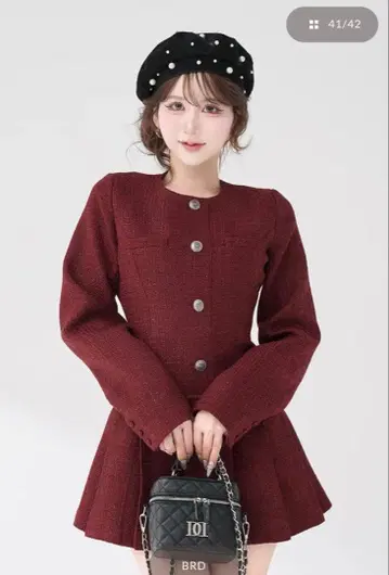 다리치 박스 플리츠 트위드 미니 원피스 F-L 보르도