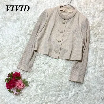 VIVID 노카라 자켓 9A3 베이지 계열 크롭 체크 무늬