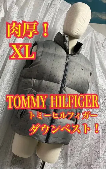 TOMMY HILFIGER 다운 베스트 두툼한 자수 로고 체크 무늬 XL