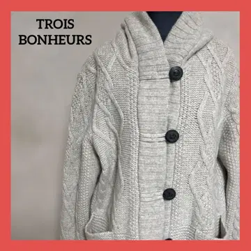 TROIS BONHEURS 케이블 니트 후디 코트 베이지 캐시미어