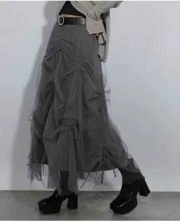 HARE 튤 리본 턱 플레어 스커트 그레이