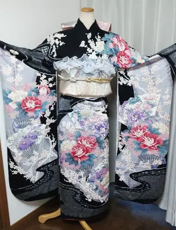 성인식 순수 실크 후리소데 풀세트 인기 블랙 럭셔리 고급 청순