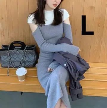 L(55-60kg) 그레이 투톤 골격 웨이브 대승리 원피스 니트