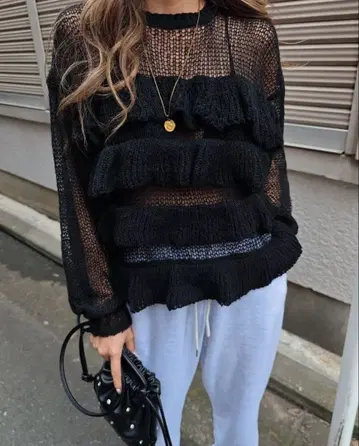 esutoreja 로우 게이지 프릴 니트 블랙