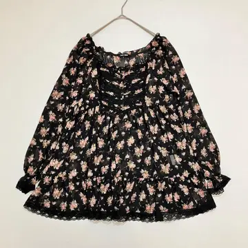 레스트로즈 로즈 프린트 레이스 프릴 시어 튜닉 블라우스