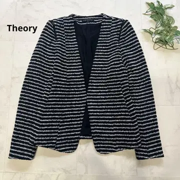 새상품급 Theory 트위드 노카라 자켓 보더 사이즈 P 화이트 블랙