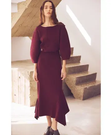 aimeine 불규칙 밑단 비대칭 리브 니트 스커트 상하의 세트