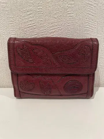 이단 접이식 지갑 와인 레드 잎 무늬