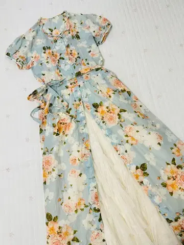 핑크하우스 면 로운 원피스 반팔 장미 로즈 스카이블루 빈티지