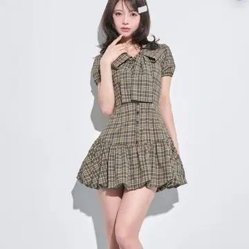 Darich 빅 리본 벌룬 체크 미니 원피스