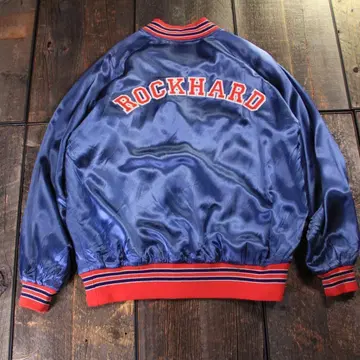 구제 의류 광택 바시티 자켓 락 하드 래글런 슬리브 NY 블루 JP; L