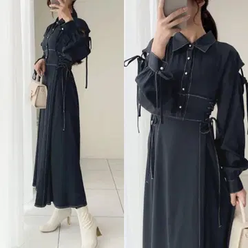 mily bilet 어깨 트임 리본 배색 스티치 원피스