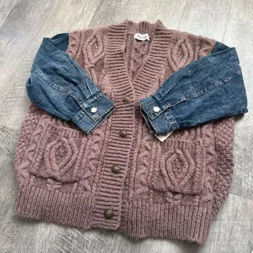 케이블 니트 가디건 소매 데님 베이지 니트 가디건