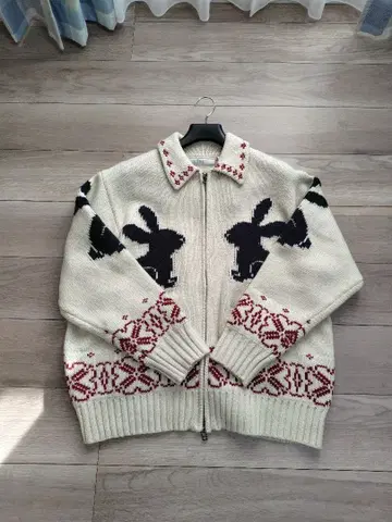 GU by rokh 풀 집업 니트 자켓 토끼 패턴 아이보리 XL