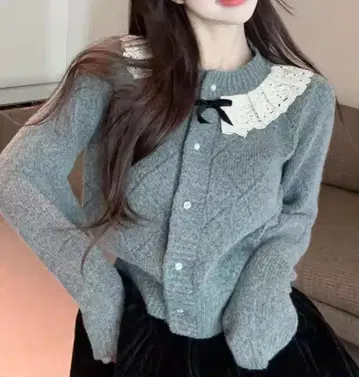 레이스 카라 부착 그레이 긴팔 가디건