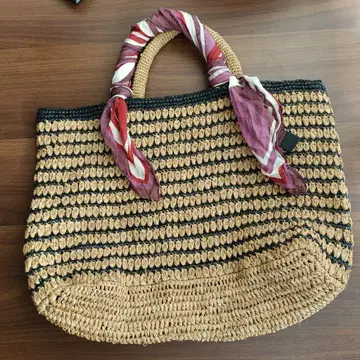 새상품 라피아 크로셰 뜨개질 백 직사각형 콩 보더 내추럴한 라피아 소재