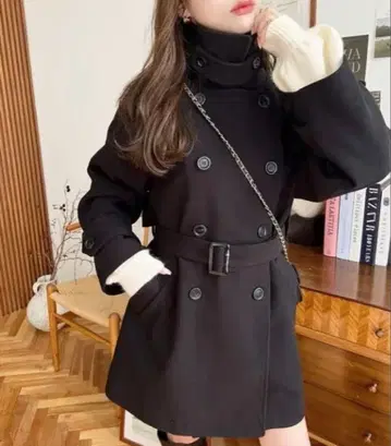 moment+ 니트 멜톤 2WAY 어레인지 칼라 코트 M 블랙