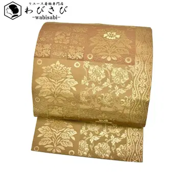 나고야 오비 꽃+덩굴 패턴 격자 무늬 금갈색 금실 O-4114