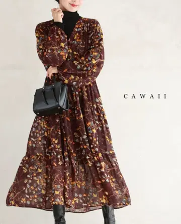 Cawaii 열매가 열리는 보타니컬 프린트의 시어 미디엄 원피스 S~2L