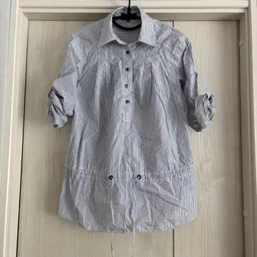 UNTITLED 스트라이프 블루 긴팔 셔츠 블라우스 튜닉 라메