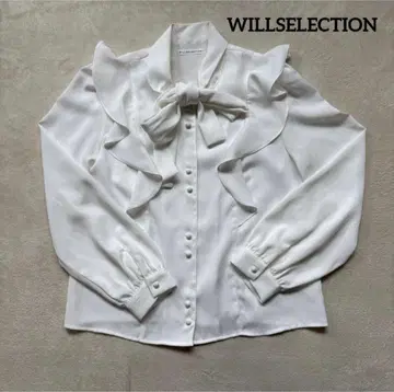 윌 셀렉션 리본 프릴 블라우스 긴팔 보타이 프릴 티셔츠 셔츠 화이트 싸개