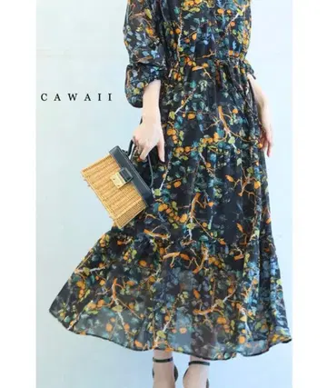 Cawaii 아티스틱하게 그리는 꽃의 티어드 롱 원피스 S~3L 대응