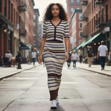 [ 머큐리 듀오 ] 스트라이프 리브 반팔 롱 원피스