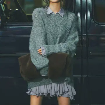 COCO DEAL 케이블 니트 x 페플럼 셔츠 미니 원피스 그레이