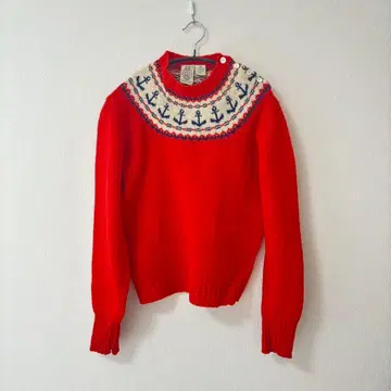 빨간색 닻 패턴 울 스웨터 빈티지 구제 의류