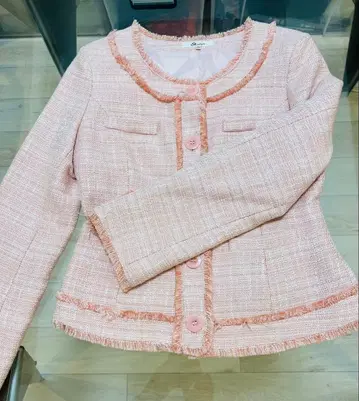 핑크 트위드 노카라 자켓