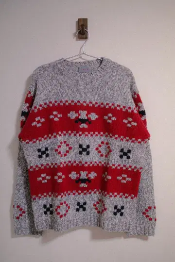 IXIZ 총무늬 니트 스웨터 노르딕 무늬 그레이 x 레드 구제 의류