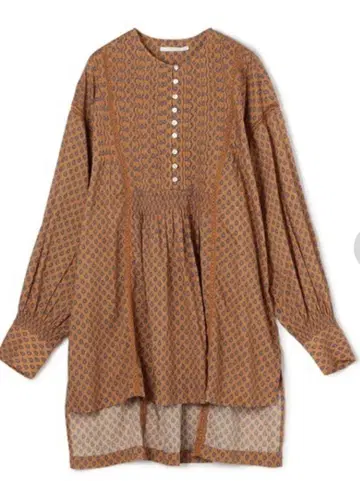 미사용품 SOULEIADO 코튼 나일론 프린트 핀턱 튜닉 블라우스