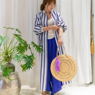 누키테파 스트라이프 패턴 밴드 카라 셔츠 원피스