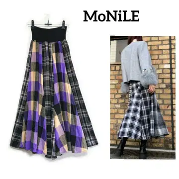 [ MoNiLE ] 체크 무늬 패널 플레어 스커트