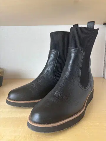 사이드 고어 부츠 블랙 가죽 웨지힐 23.5cm