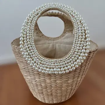 스트로우 펄 장식 바스켓백