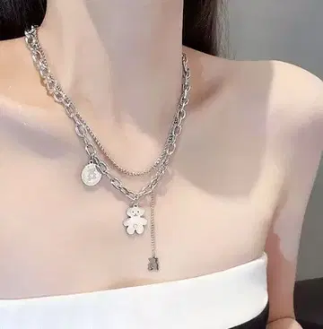 실버 다층 체인 목걸이 곰 모양 참