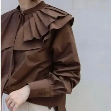 마차트 프릴 칼라 블라우스 브라운 긴팔