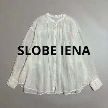 슬로브 이에나 라미 개더 셔츠 린넨 시어 밴드 카라 화이트