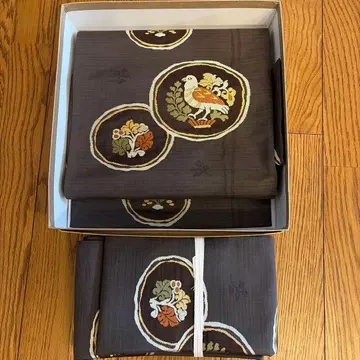 브라운 후쿠로 오비 새와 꽃 자수 원터치 오비