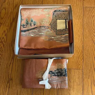 리메이크 원터치 오비 풍경화 후쿠로 오비 오렌지 계열 실크제