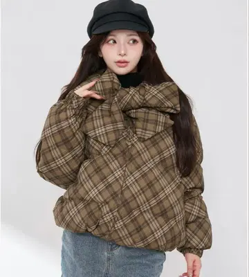 다리치 리본 체크 다운 자켓