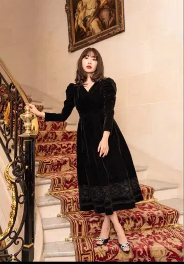 herlipto 자수 벨루어 미디 드레스 S