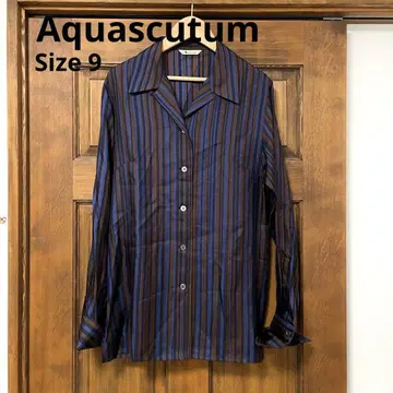 Aquascutum 실크 버튼 셔츠 오픈 카라 스트라이프 긴팔