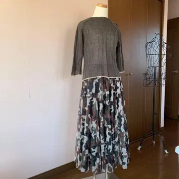 그레이 니트 카모 패턴 롱 스커트 셋업