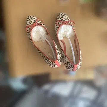 레오파드 무늬 플랫 펌프스 오렌지 리본