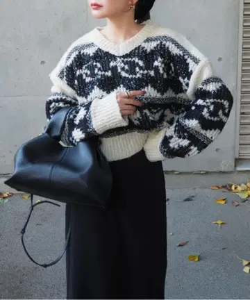 LAULEN 노르딕 무늬 V넥 숏 기장 니트