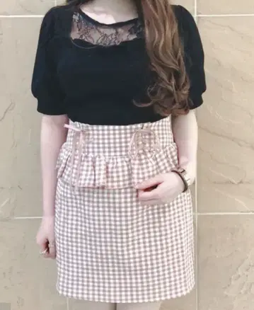 ROJITA 레이스업 깅엄 타이트 스커트